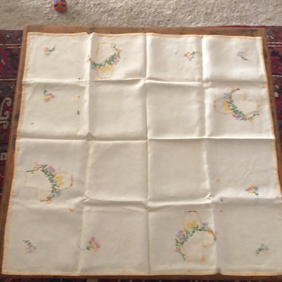 Vintage Handmade and Hand Embroidered Card Table Cloth with Flowers & Baskets - Picture 15 of 16